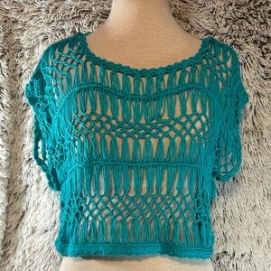 Teal Blue Crocheted Crop Top Open Weave Sleeveless Layer Beach‎ Summer Shirt